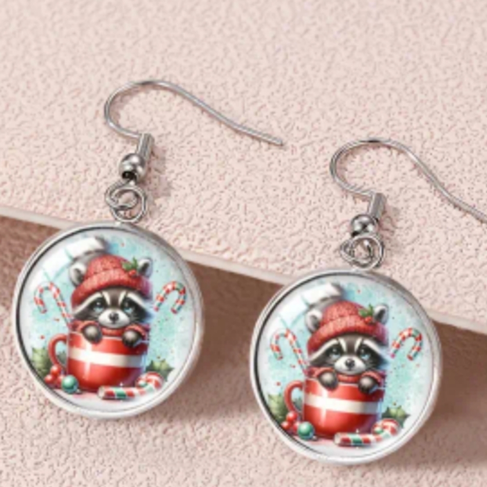 Charming‎ Animal Print Christmas Holiday Silver Raccoon Gift Earrings